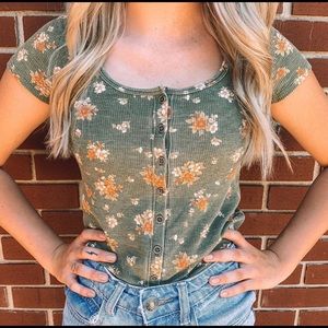 American Eagle Olive Floral Button Up Top